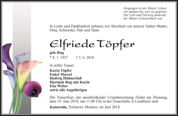 Traueranzeige von Elfriede Töpfer von Südthüringer Presse
