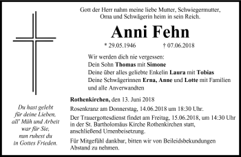 Traueranzeige von Anni Fehn von Neue Presse Coburg