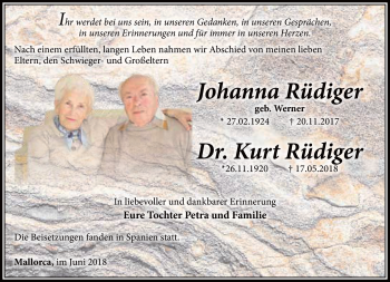 Traueranzeige von JohannaKurt RüdigerRüdiger von Südthüringer Presse