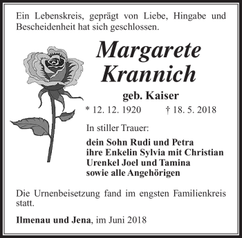 Traueranzeige von Margarete Krannich von Südthüringer Presse