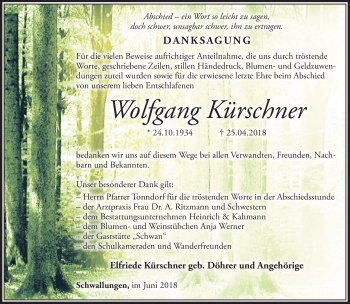Traueranzeige von Wolfgang Kürschner von Südthüringer Presse