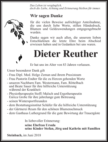 Traueranzeige von Dieter Reuther von Südthüringer Presse
