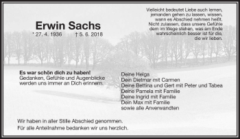 Traueranzeige von Erwin Sachs von Frankenpost