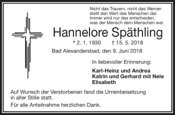 Traueranzeige von Hannelore Späthling von Frankenpost