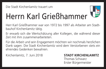 Traueranzeige von Karl Grießhammer von Frankenpost