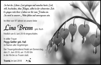 Traueranzeige von Lina Brenn von Südthüringer Presse