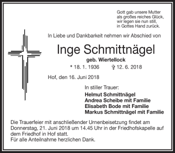 Traueranzeige von Inge Schmittnägel von Frankenpost