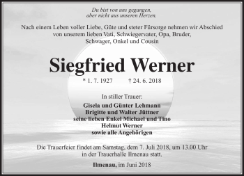 Traueranzeige von Siegfried Werner von Südthüringer Presse