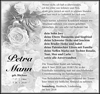 Traueranzeige von Petra Mann von Südthüringer Presse