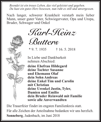 Traueranzeige von Karl-Heinz Butters von Südthüringer Presse