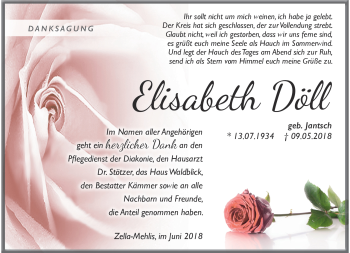 Traueranzeige von Elisabeth Döll von Südthüringer Presse