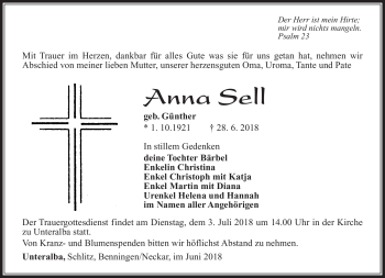 Traueranzeige von Anna Sell von Südthüringer Presse