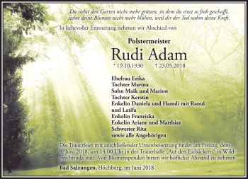 Traueranzeige von Rudi Adam von Südthüringer Presse