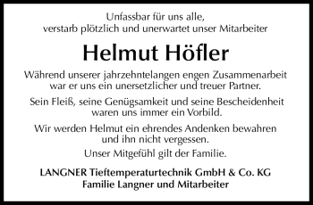 Traueranzeige von Helmut Höfler von Neue Presse Coburg