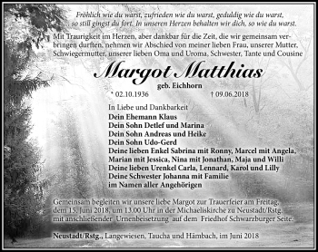 Traueranzeige von Margot Matthias von Südthüringer Presse
