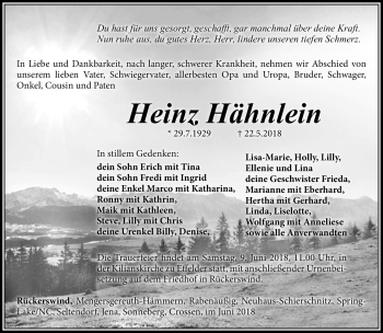 Traueranzeige von Heinz Hähnlein von Südthüringer Presse