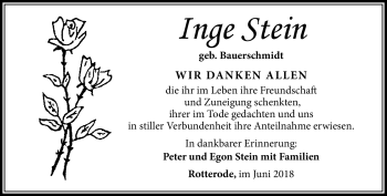 Traueranzeige von Inge Stein von Südthüringer Presse