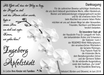Traueranzeige von Ingeborg Apfelstädt von Südthüringer Presse