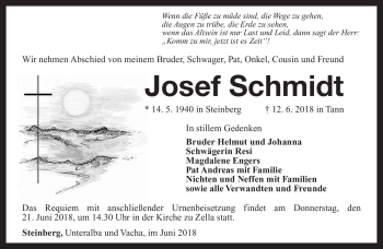 Traueranzeige von Josef Schmidt von Südthüringer Presse