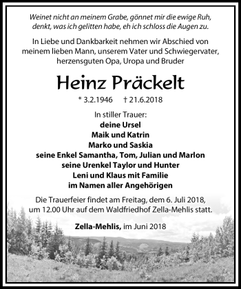 Traueranzeige von Heinz Präckelt von Südthüringer Presse