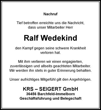 Traueranzeige von Ralf Wedekind von Südthüringer Presse