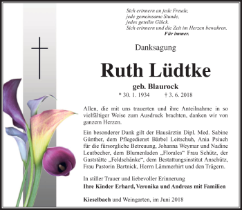 Traueranzeige von Ruth Lüdtke von Südthüringer Presse
