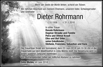 Traueranzeige von Dieter Rohrmann von Südthüringer Presse