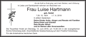 Traueranzeige von Luise Hartmann von Frankenpost