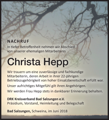 Traueranzeige von Christa Hepp von Südthüringer Presse