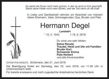 Traueranzeige von Hermann Degel von Neue Presse Coburg