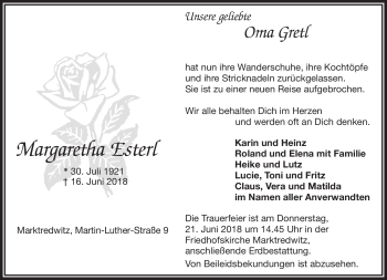 Traueranzeige von Margareta Esterl von Frankenpost