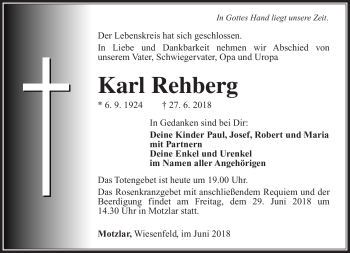 Traueranzeige von Karl Rehberg von Südthüringer Presse