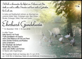 Traueranzeige von Eberhard Gundelwein von Südthüringer Presse