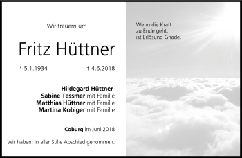 Traueranzeige von Fritz Hüttner von Neue Presse Coburg