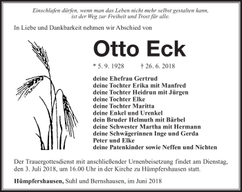Traueranzeige von Otto Eck von Südthüringer Presse
