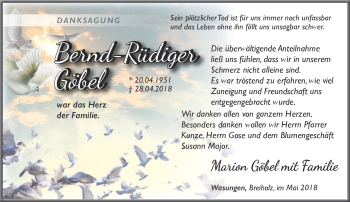 Traueranzeige von Bernd-Rüdiger Göbel von Südthüringer Presse