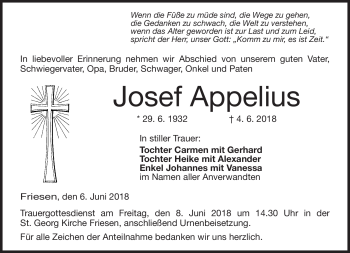 Traueranzeige von Josef Appelius von Neue Presse Coburg