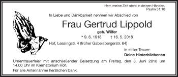 Traueranzeige von Gertrud Lippold von Frankenpost