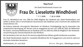 Traueranzeige von Lieselotte Windhövel von Frankenpost