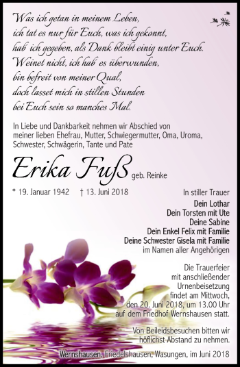 Traueranzeige von Erika Fuß von Südthüringer Presse