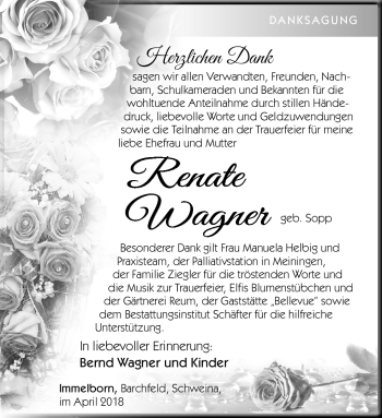 Traueranzeige von Renate Wagner von Südthüringer Presse