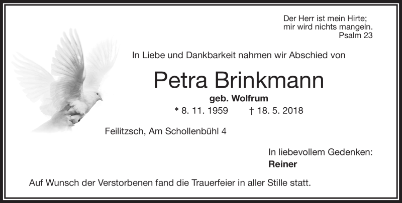  Traueranzeige für Petra Brinkmann vom 04.06.2018 aus Frankenpost