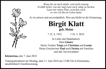 Traueranzeige von Birgit Klatt von Neue Presse Coburg