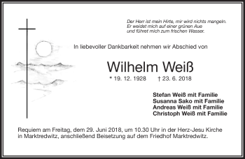 Traueranzeige von Wilhelm Weiß von Frankenpost