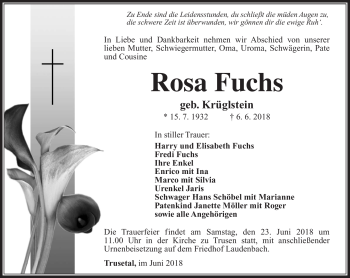 Traueranzeige von Rosa Fuchs von Südthüringer Presse