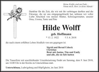 Traueranzeige von Hilde Wolff von Südthüringer Presse
