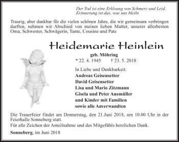 Traueranzeige von Heidemarie Heinlein von Südthüringer Presse