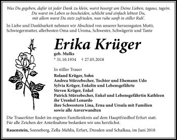 Traueranzeige von Erika Krüger von Südthüringer Presse