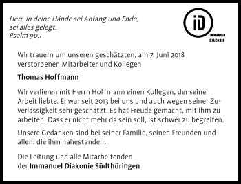 Traueranzeige von Thomas Hoffmann von Südthüringer Presse