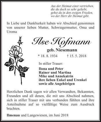 Traueranzeige von Ilse Hofmann von Südthüringer Presse